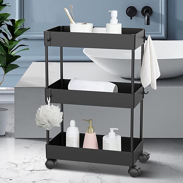 3-Tier Bathroom Kitchen Cart Organizer - Slide Out Slim Storage Cart with Casters Wheels